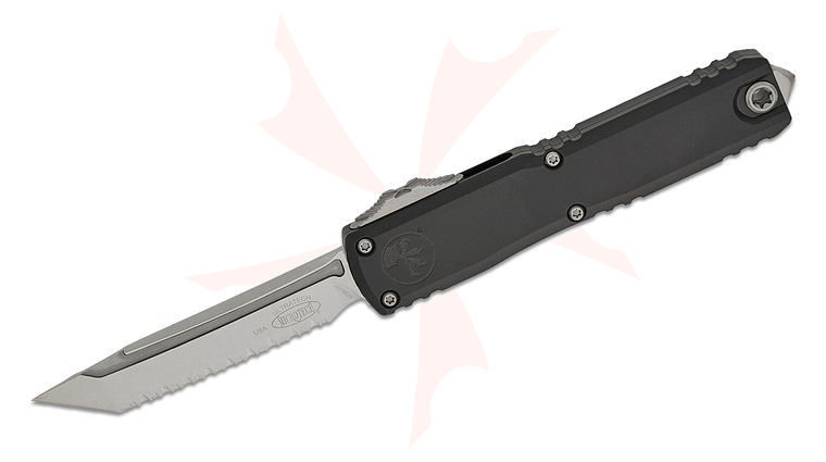 Microtech 1123-12 Ultratech ZBP Zero Blade Play AUTO OTF Knife 3.5 inch Bohler M390MK Stonewashed Tanto Serrated Blade, Machined Black Aluminum Handles, Reversible Clip