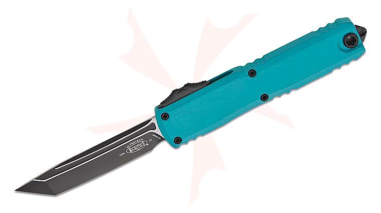 Microtech 11234-1CN Ultratech Gen IV AUTO OTF Knife 3.5 inch Bohler M390MK Black Tanto Blade, Cyan Machined Aluminum Handles, Reversible Clip