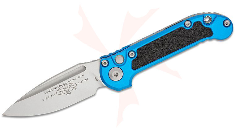 Microtech 1135-10BL LUDT Gen III AUTO Folding Knife 3.45 inch M390MK Stonewashed Drop Point Plain Blade, Blue Aluminum Handles with 3M Traction Tape Inserts