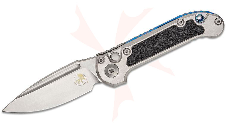 Microtech 1135-10MS4 Marfione Select LUDT Gen III AUTO Folding Knife 3.45 inch M390MK Stonewashed Drop Point Plain Blade and Titanium Handles with 3M Traction Tape Inserts, Blue Accent