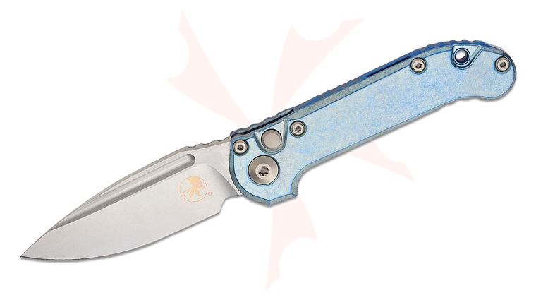 Microtech 1135-10MS11 Marfione Select LUDT Gen III AUTO Folding Knife 3.45 inch M390MK Stonewashed Drop Point Plain Blade, Ice Blue Slab Titanium Handles, Blue Accent