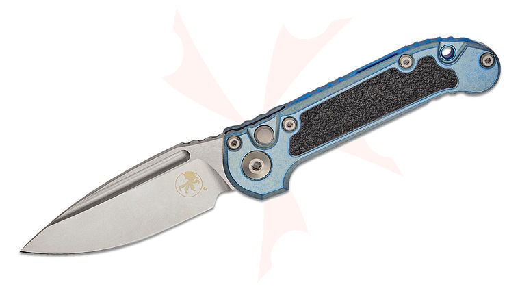 Microtech 1135-10MS12 Marfione Select LUDT Gen III AUTO Folding Knife 3.45 inch M390MK Stonewashed Drop Point Plain Blade, Ice Blue Titanium Handles with 3M Traction Tape Inserts, Blue Accent