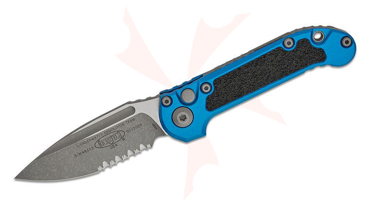 Microtech 1135-11APBL 2023 LUDT Gen III AUTO Folding Knife 3.45 inch M390MK Apocalyptic Drop Point Combo Blade, Blue Aluminum Handles with 3M Traction Tape Inserts