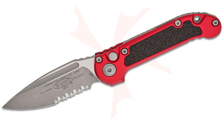 Microtech 1135-11APRD 2023 LUDT Gen III AUTO Folding Knife 3.45 inch M390MK Apocalyptic Drop Point Combo Blade, Red Aluminum Handles with 3M Traction Tape Inserts