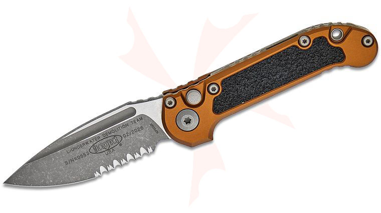 Microtech 1135-11APTA LUDT Gen III AUTO Folding Knife 3.45 inch M390MK Apocalyptic Drop Point Combo Blade, Tan Aluminum Handles with 3M Traction Tape Inserts