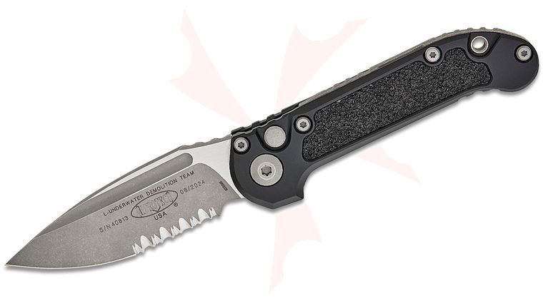 Microtech 1135-11AP LUDT Gen III AUTO Folding Knife 3.45 inch M390MK Apocalyptic Drop Point Combo Blade, Black Aluminum Handles with 3M Traction Tape Inserts