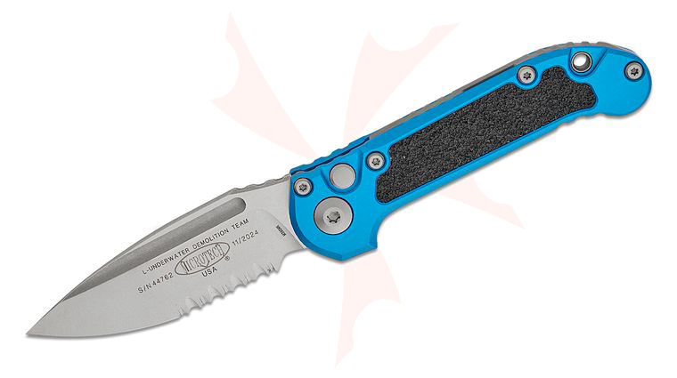 Microtech 1135-11BL LUDT Gen III AUTO Folding Knife 3.45 inch M390MK Stonewashed Drop Point Combo Blade, Blue Aluminum Handles with 3M Traction Tape Inserts