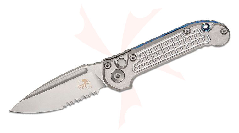 Microtech 1135-11FRMS2 Marfione Select LUDT Gen III AUTO Folding Knife 3.45 inch M390MK Stonewashed Drop Point Combo Blade and Frag Titanium Handles, Blue Accent