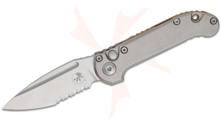 Microtech 1135-11MS7 Marfione Select LUDT Gen III AUTO Folding Knife 3.45 inch M390MK Stonewashed Drop Point Combo Blade and Slab Titanium Handles, Bronze Accent