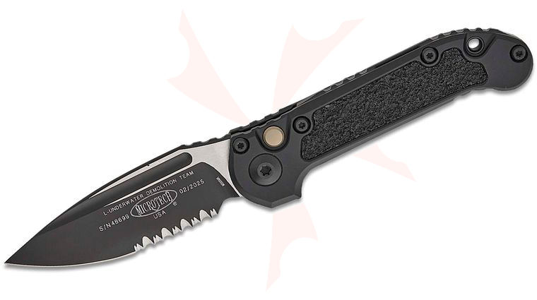 Microtech 1135-2T LUDT Gen III Tactical AUTO Folding Knife 3.45 inch M390MK Black Drop Point Combo Blade, Black Aluminum Handles with 3M Traction Tape Inserts
