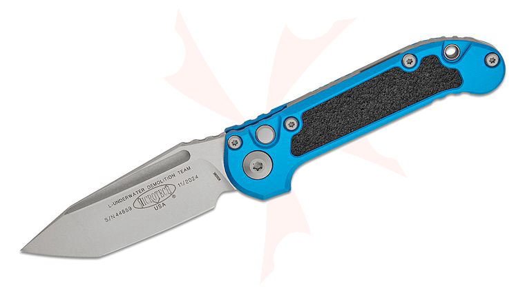 Microtech 1136-10BL LUDT Gen III AUTO Folding Knife 3.45 inch M390MK Stonewashed Tanto Plain Blade, Blue Aluminum Handles with 3M Traction Tape Inserts