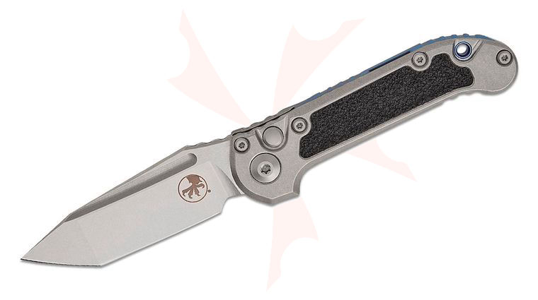 Microtech 1136-10MS4 Marfione Select LUDT Gen III AUTO Folding Knife 3.45 inch M390MK Stonewashed Tanto Plain Blade and Titanium Handles with 3M Traction Tape Inserts, Blue Accent