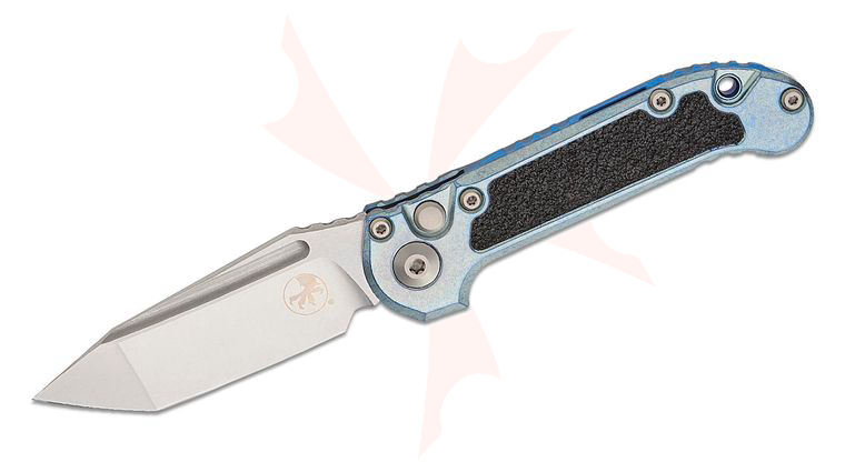 Microtech 1136-10MS12 Marfione Select LUDT Gen III AUTO Folding Knife 3.45 inch M390MK Stonewashed Tanto Plain Blade, Ice Blue Titanium Handles with 3M Traction Tape Inserts, Blue Accent