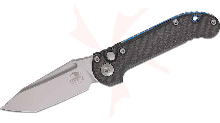 Microtech 1136-10MS14 Marfione Select LUDT Gen III AUTO Folding Knife 3.45 inch M390MK Stonewashed Tanto Plain Blade, Slab Carbon Fiber Handles, Blue Accent