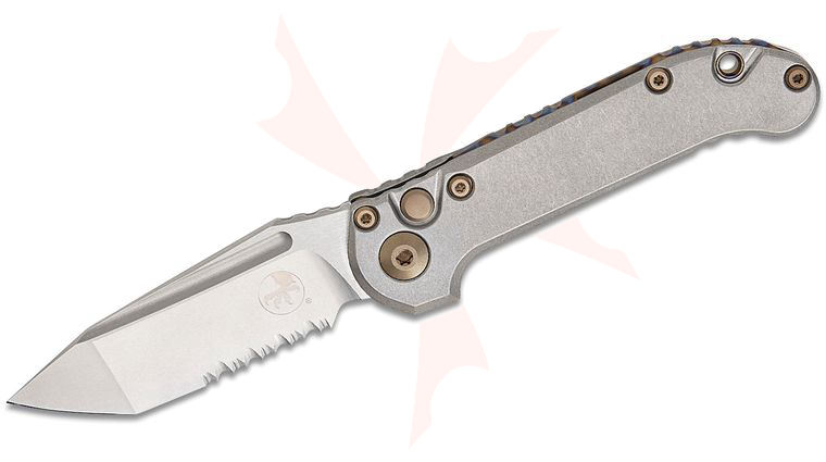Microtech 1136-11MS7 Marfione Select LUDT Gen III AUTO Folding Knife 3.45 inch M390MK Stonewashed Tanto Combo Blade and Slab Titanium Handles, Flamed  Accent