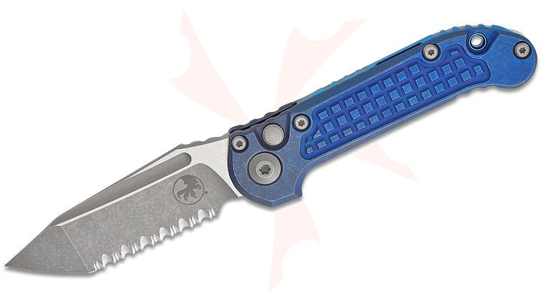 Microtech 1136-12APFRMS2 Marfione Select LUDT Gen III AUTO Folding Knife 3.45 inch M390MK Apocalyptic Tanto Serrated Blade, Antique Blue Frag Titanium Handles, Blue Accent