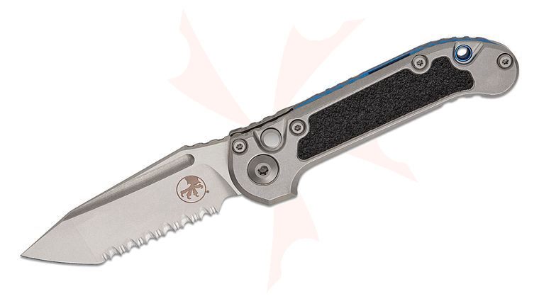 Microtech 1136-12MS4 Marfione Select LUDT Gen III AUTO Folding Knife 3.45 inch M390MK Stonewashed Tanto Serrated Blade and Titanium Handles with 3M Traction Tape Inserts, Blue Accent