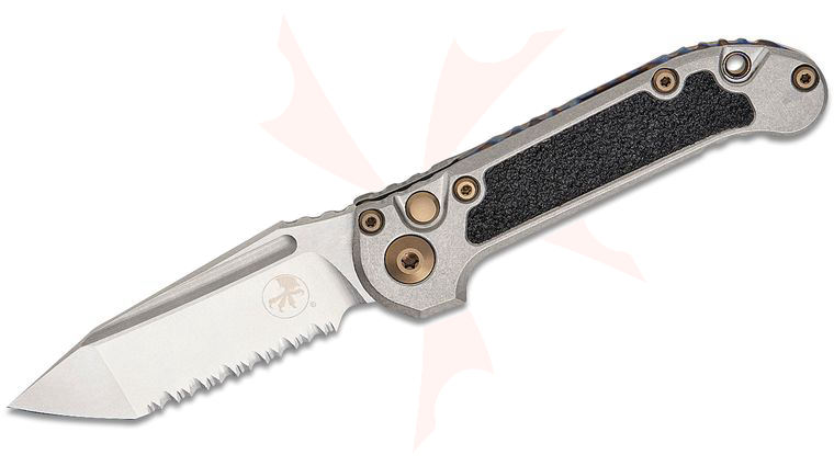 Microtech 1136-12MS8 Marfione Select LUDT Gen III AUTO Folding Knife 3.45 inch M390MK Stonewashed Tanto Serrated Blade and Titanium Handles with 3M Traction Tape Inserts, Flamed Accent