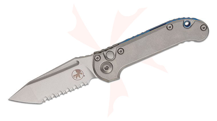 Microtech 1136-12MS3 Marfione Select LUDT Gen III AUTO Folding Knife 3.45 inch M390MK Stonewashed Tanto Serrated Blade and Slab Titanium Handles, Blue Accent