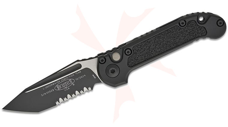 Microtech 1136-2T LUDT Gen III Tactical AUTO Folding Knife 3.45 inch M390MK Black Tanto Combo Blade, Black Aluminum Handles with 3M Traction Tape Inserts