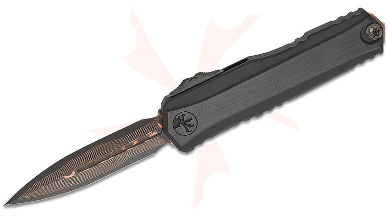 Microtech/DC Munroe 1242-16MS3 Marfione Select 2023 Cypher II OTF AUTO 3.5 inch  Baker Forge CopperMai Damascus Double Edge Dagger Blade, Black Hefted Aluminum Handles, Bronze Accent