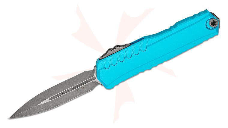 Microtech/DC Munroe 1242-10APTQ 2023 Cypher II OTF AUTO 3.5 inch M390MK Apocalyptic Double Edge Dagger Blade, Milled Turquoise Aluminum Handles