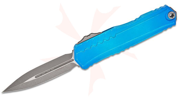 Microtech/DC Munroe 2023 Cypher II OTF AUTO 3.5 inch M390MK Apocalyptic Double Edge Dagger Blade, Milled Marbled Blue Aluminum Handles