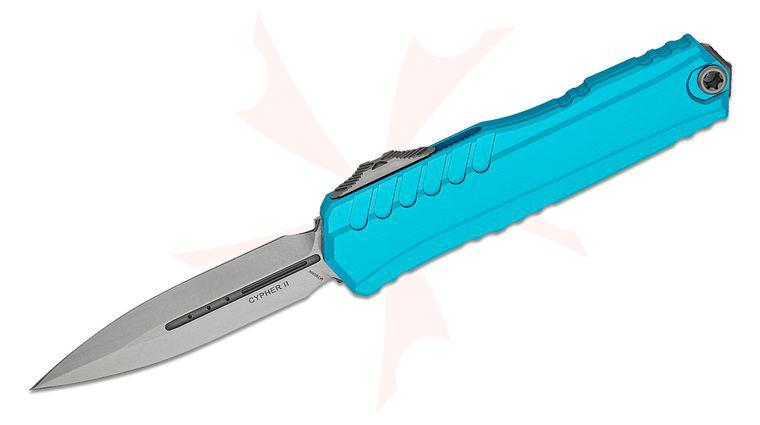 Microtech/DC Munroe 1242-10TQ 2023 Cypher II OTF AUTO 3.5 inch M390MK Stonewashed Double Edge Dagger Blade, Milled Turquoise Aluminum Handles