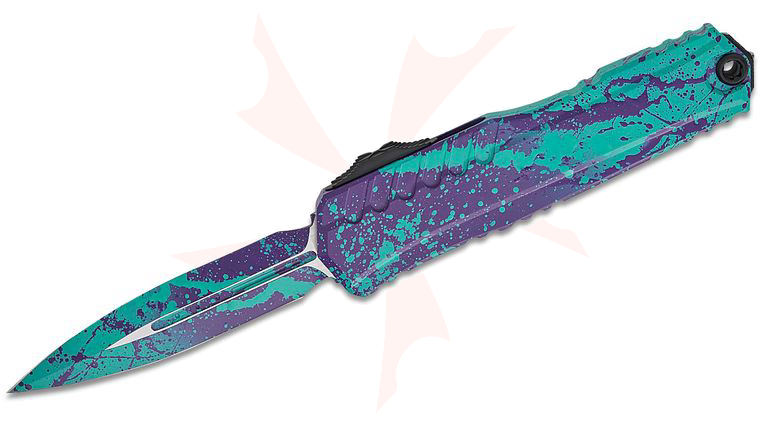 Microtech/DC Munroe 1242-1BJPU SPLS Signature Series 2023 Cypher II OTF AUTO 3.5 inch M390MK Splatter Double Edge Dagger Blade, Baja and Purple Splatter Milled Aluminum Handles