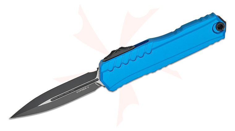Microtech/DC Munroe 1242-1BL 2023 Cypher II OTF AUTO 3.5 inch M390MK Black Double Edge Dagger Blade, Blue Milled Aluminum Handles