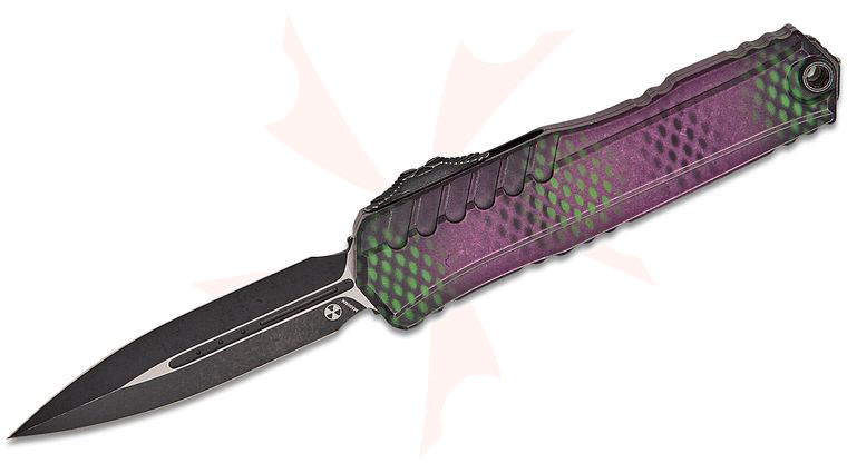 Microtech/DC Munroe 1242-1PUX51S Signature Series 2023 Cypher II OTF AUTO 3.5 inch M390MK Black Double Edge Dagger Blade, Purple X-51 Milled Aluminum Handles