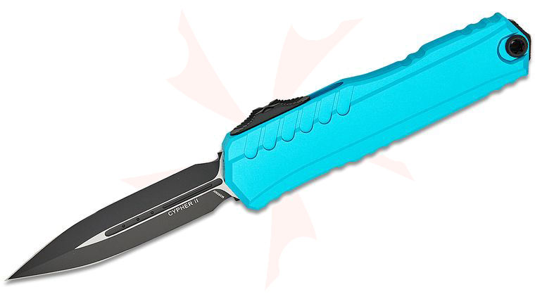 Microtech/DC Munroe 1242-1TQ 2023 Cypher II OTF AUTO 3.5 inch M390MK Black Double Edge Dagger Blade, Turquoise Milled Aluminum Handles