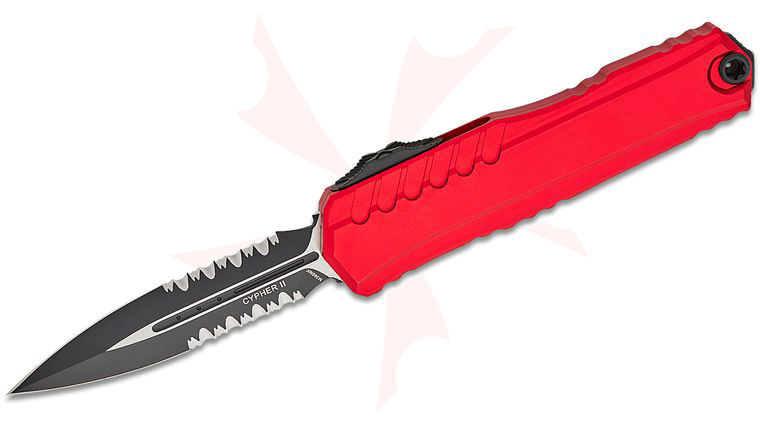 Microtech/DC Munroe 1242-2RD 2023 Cypher II OTF AUTO 3.5 inch M390MK Black Double Combo Edge Dagger Blade, Red Milled Aluminum Handles