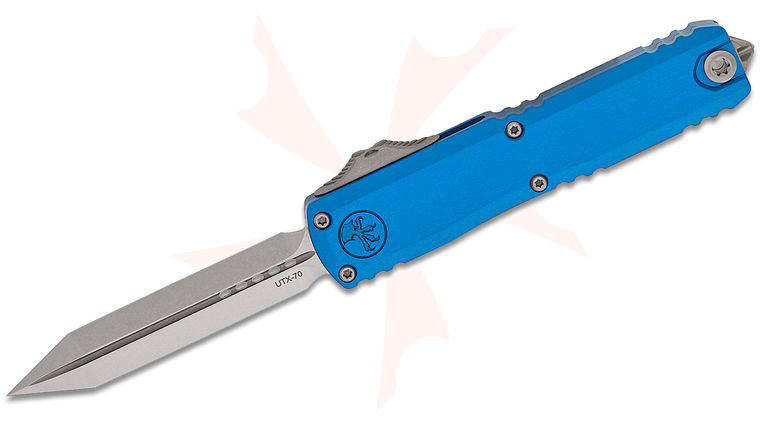 Microtech 114874-10BL UTX-70 Spartan Gen IV AUTO OTF Knife 2.5 inch M390MK Stonewashed Double Edge Tanto Blade, Blue Machined Aluminum Handles, Reversible Clip