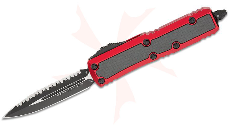 Microtech Signature Series Daytona AUTO OTF Knife 3.125 inch Black Plain/Serrated Double Edge Dagger Blade, Red Aluminum Handles with Carbon Fiber Inlays