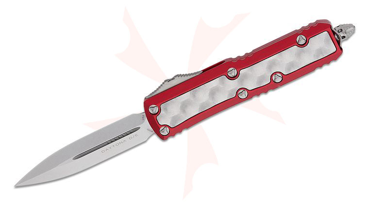 Microtech Signature Series Daytona AUTO OTF Knife 3.125 inch Stonewashed Double Edge Dagger Blade, Red Aluminum Handles with Bubble Titanium Inlays