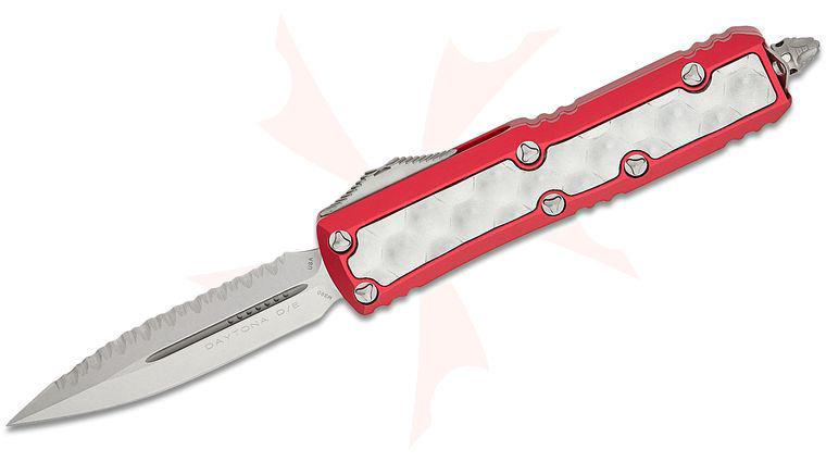 Microtech Signature Series Daytona AUTO OTF Knife 3.125 inch Stonewashed Plain/Serrated Double Edge Dagger Blade, Red Aluminum Handles with Brute Bubble Inlays