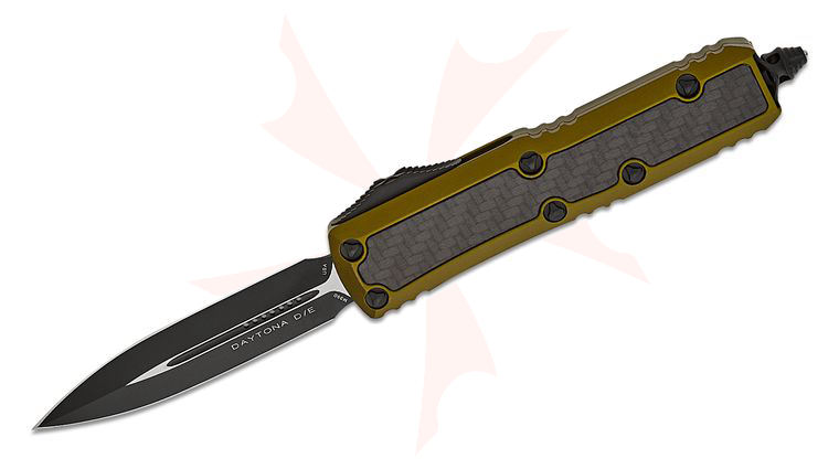 Microtech Signature Series Daytona AUTO OTF Knife 3.125 inch Black Double Edge Dagger Blade, OD Green Aluminum Handles with Carbon Fiber Inlays