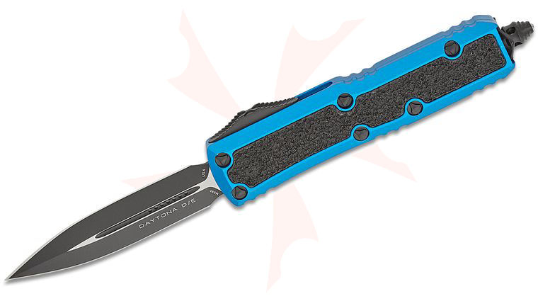 Microtech Signature Series Daytona AUTO OTF Knife 3.125 inch Black Double Edge Dagger Blade, Blue Aluminum Handles with 3M Traction Tape Inserts