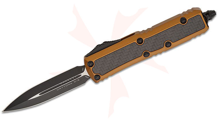 Microtech Signature Series Daytona AUTO OTF Knife 3.125 inch Black Double Edge Dagger Blade, Tan Aluminum Handles with Carbon Fiber Inlays