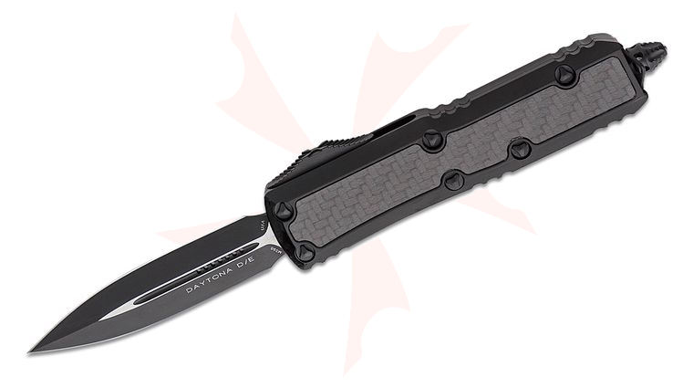 Microtech Signature Series Daytona Tactical AUTO OTF Knife 3.125 inch Black Double Edge Dagger Blade, Black Aluminum Handles with Carbon Fiber Inlays