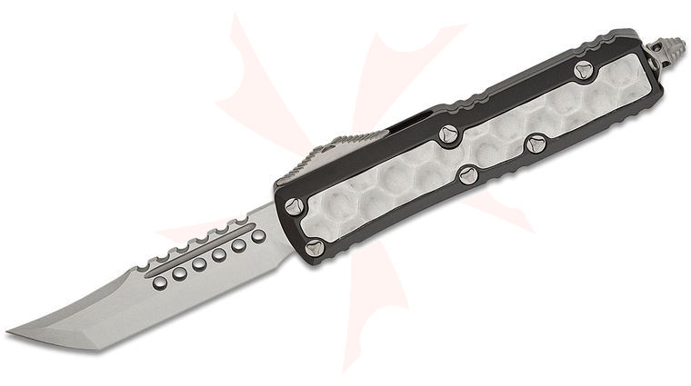 Microtech Signature Series Daytona AUTO OTF Knife 3.125 inch  Stonewashed Hellhound Tanto Blade, Black Aluminum Handles with Bubble Titanium Inlays