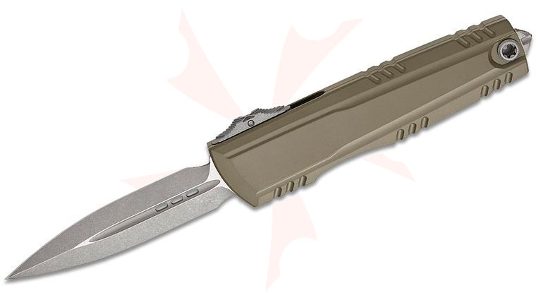 Microtech 1270-10APMGS Signature Series Luminary AUTO OTF Knife 3.625 inch M390MK Apocalyptic Double Edge Dagger Blade, Moss Green Machined Aluminum Handles, Tritium Button Insert