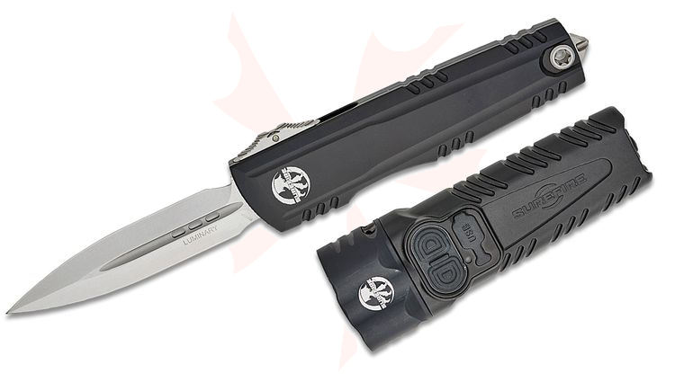 Microtech/SureFire Collaboration Luminary AUTO OTF Knife Box Set 3.625 inch M390MK Stonewashed Double Edge Dagger Blade, Black Machined Aluminum Handles, Includes SureFire Stiletto Pro II EDC Flashlight