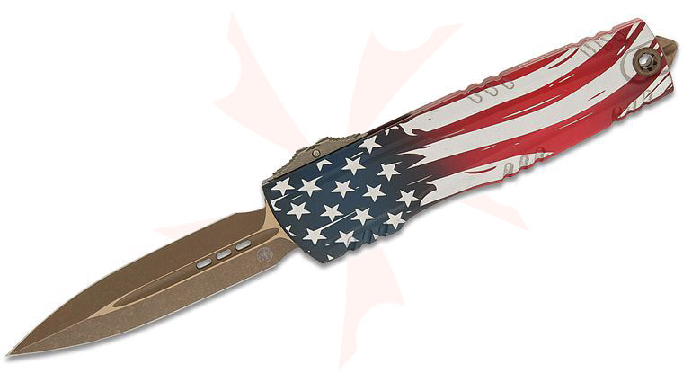 Microtech 1270-13APS-4J250 Signature Series Luminary ZBP AUTO OTF Knife 3.625 inch M390MK Bronzed Apocalyptic Double Edge Dagger Blade, 4th of July 250th Anniversary Machined Aluminum Handles, Tritium Button Insert