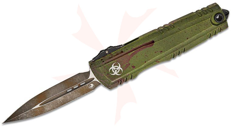 Microtech 1270-1OBDS Signature Series Luminary AUTO OTF Knife 3.625 inch M390MK Outbreak Double Edge Dagger Blade, Outbreak Machined Aluminum Handles, Tritium Button Insert