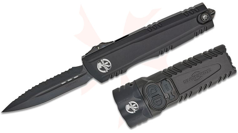 Microtech/SureFire Collaboration Luminary AUTO OTF Knife Box Set 3.625 inch M390MK Black DLC Plain/Serrated Double Edge Dagger Blade, Black Machined Aluminum Handles, Includes SureFire Stiletto Pro II EDC Flashlight