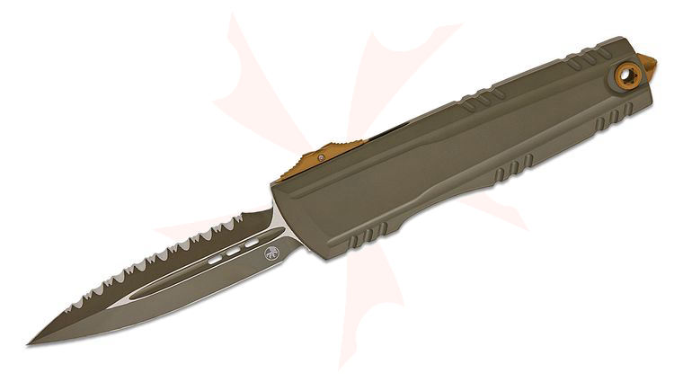 Microtech 1270-3MGS-C21Z26 Signature Series Luminary AUTO OTF Knife 3.625 inch M390MK Moss Green Plain/Serrated Double Edge Dagger Blade and Machined Aluminum Handles, Tritium Button Insert