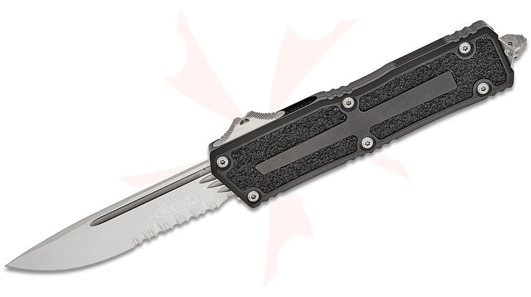 Microtech 1278-11 2023 Scarab II Gen III AUTO OTF Knife 3.875 inch M390MK Stonewashed Drop Point Combo Blade, Black Aluminum Handles with 3M Traction Tape Inserts