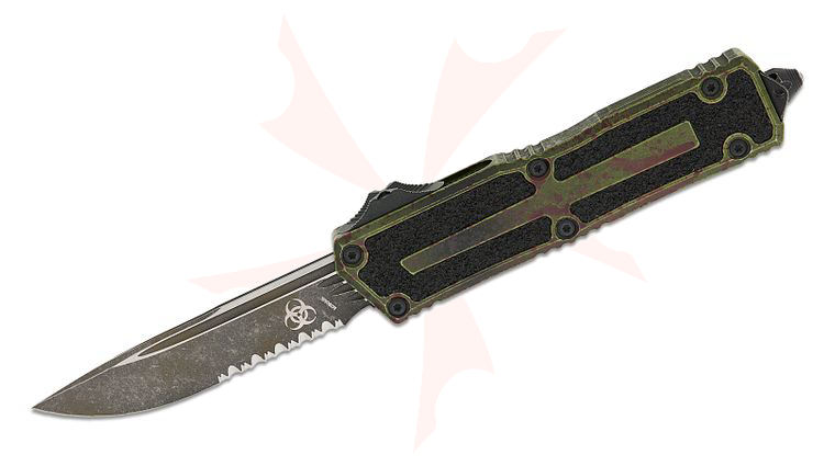 Microtech 1278-2BL Signature Series Scarab II Gen III AUTO OTF Knife 3.875 inch M390MK Black Drop Point Combo Blade, Outbreak Aluminum Handles with 3M Traction Tape Inserts